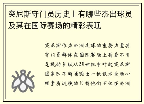 突尼斯守门员历史上有哪些杰出球员及其在国际赛场的精彩表现