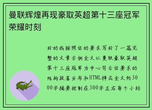 曼联辉煌再现豪取英超第十三座冠军荣耀时刻