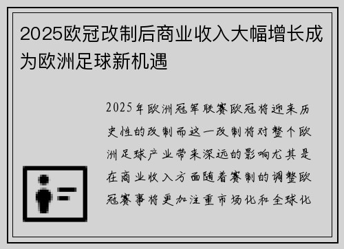 2025欧冠改制后商业收入大幅增长成为欧洲足球新机遇