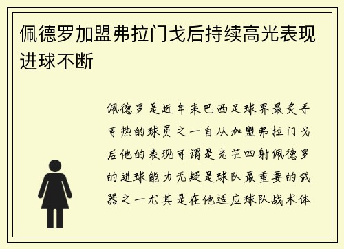 佩德罗加盟弗拉门戈后持续高光表现进球不断