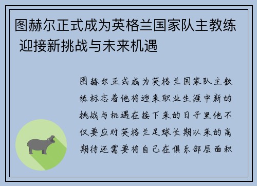 图赫尔正式成为英格兰国家队主教练 迎接新挑战与未来机遇