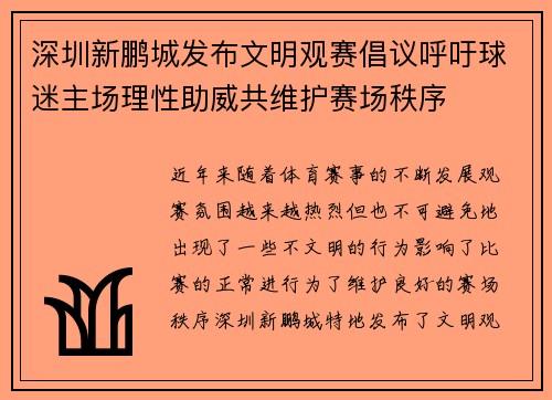 深圳新鹏城发布文明观赛倡议呼吁球迷主场理性助威共维护赛场秩序